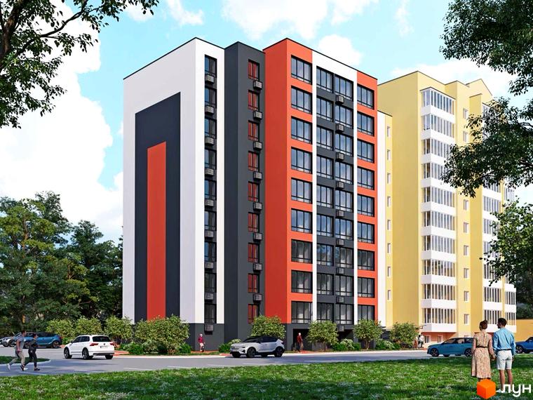 Житловий комплекс Флагман Затишний. Зовнішній вигляд новобудови з фасадами білого, сірого та червоного кольорів. Прибудинкова територія з деревами та автомобілями.