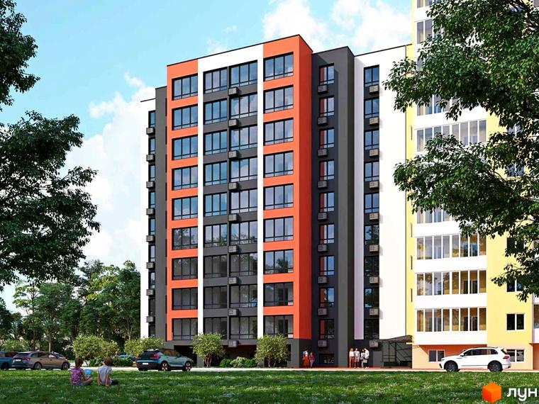 Житловий комплекс Флагман Затишний - це багатоповерхова новобудова з яскравим фасадом, розташована на тлі зелених дерев та блакитного неба. На прибудинковій території видно зелену галявину та припарковані автомобілі.