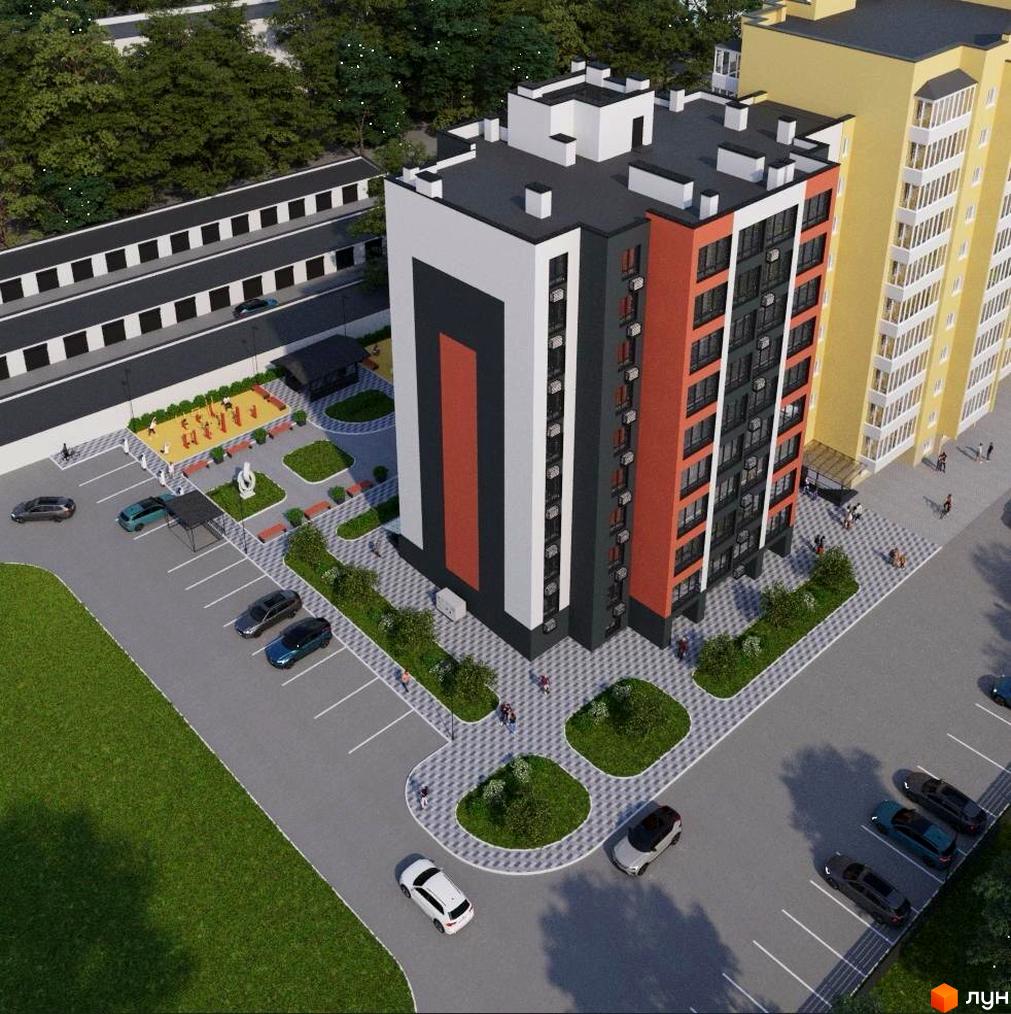 Житловий комплекс Флагман Затишний – це сучасна новобудова з яскравим фасадом та упорядкованою прибудинковою територією з дитячим майданчиком та парковкою.