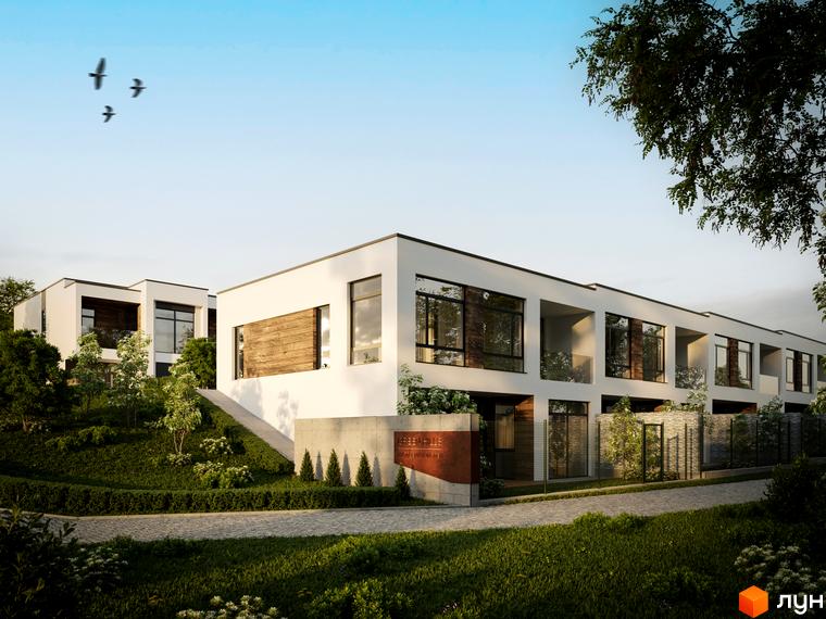 Зображення Котеджного містечка Green Hills з білими будинками та великими вікнами. Навколо зелені насадження та доглянутий газон.