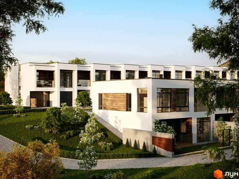 Котеджне містечко Green Hills: білі двоповерхові будинки з великими вікнами та дерев'яними елементами на тлі зеленого ландшафту з доглянутою прибудинковою територією.