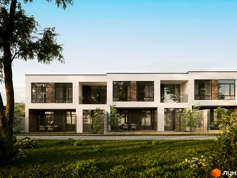 Котеджне містечко КМ Green Hills: фасади будівель з великими вікнами та дерев'яними вставками, зелена прибудинкова територія з газоном та деревами.