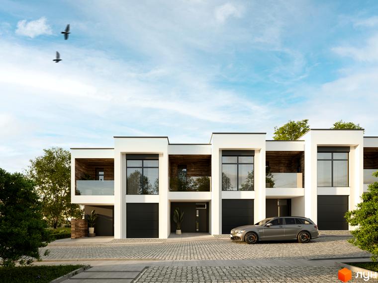 Зовнішній вигляд таунхаусів у Котеджному містечку Green Hills. Будинки з великими вікнами та гаражами, перед будинками припаркований автомобіль.