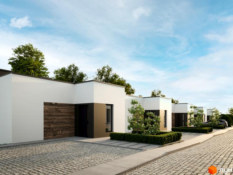 Котеджне містечко КМ Green Hills: фасади будинків з дерев'яними елементами та білою штукатуркою, вимощені доріжки та зелені насадження.