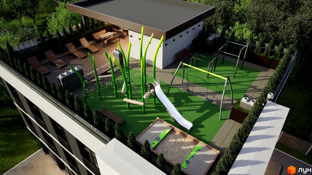 Житловий комплекс Fine Flats з дитячим майданчиком та зоною відпочинку на даху. Зовнішній вигляд будівлі та прибудинкова територія.