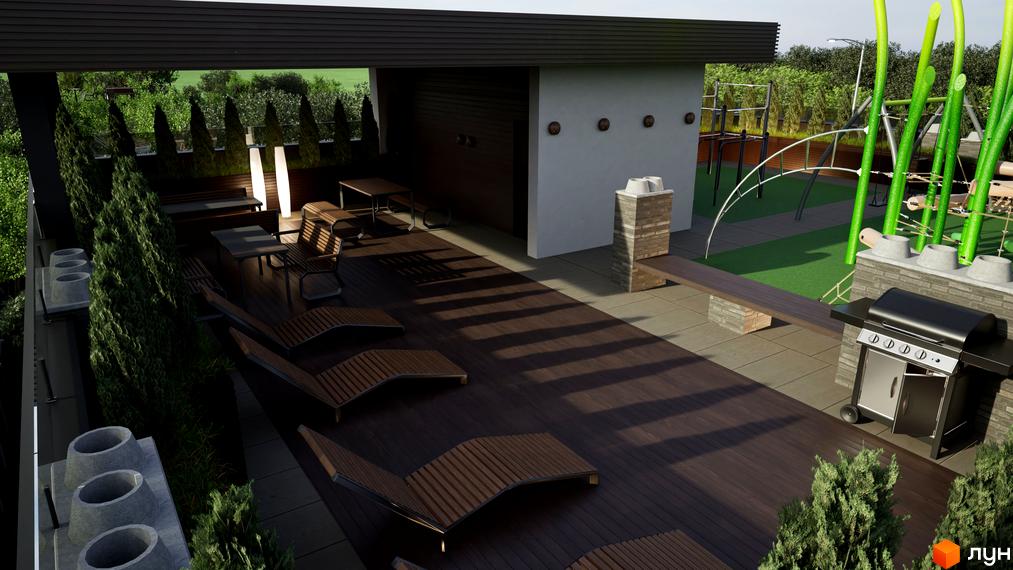 Тераса з шезлонгами та зоною барбекю в житловому комплексі Fine Flats. На території розташований дитячий майданчик та зелені насадження.