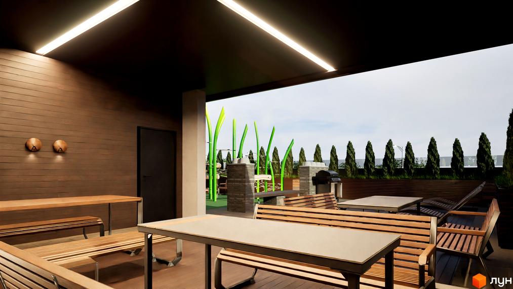 Тераса з дерев'яними меблями та зоною барбекю в ЖК Fine Flats. Відкритий простір з озелененням та видом на місто.