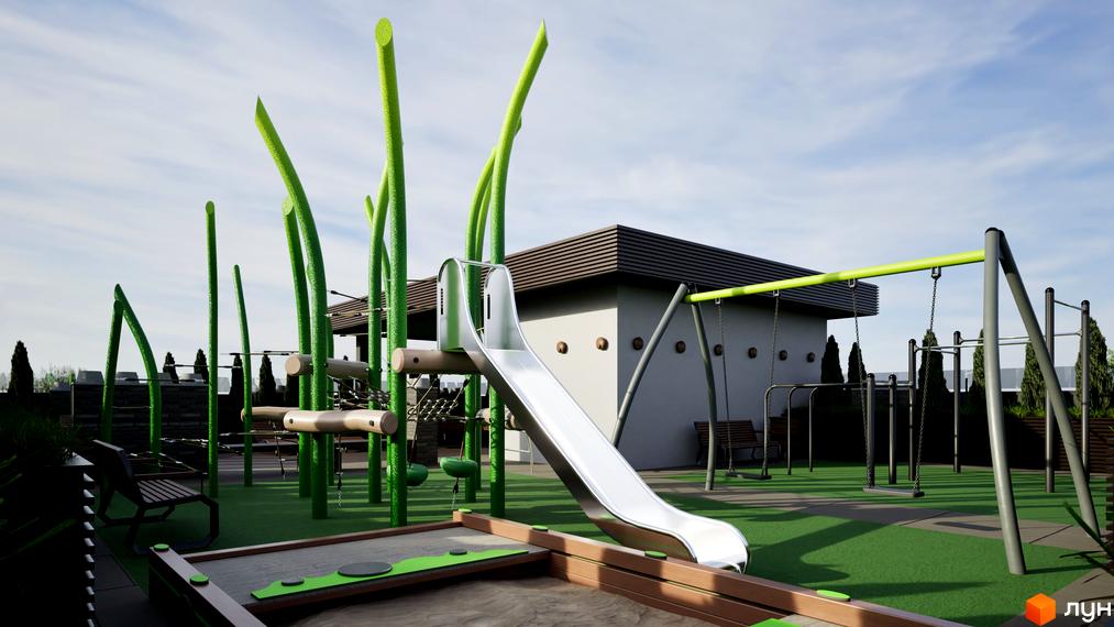 Дитячий майданчик на території житлового комплексу Fine Flats з гіркою, гойдалками та пісочницею. Навколо зелені насадження та сучасна будівля.