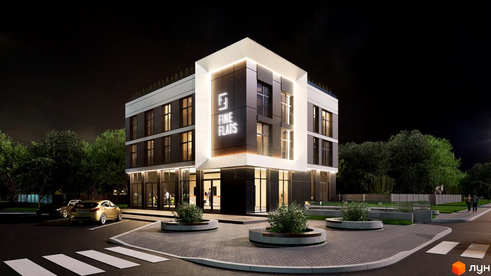 Житловий комплекс Fine Flats – це чотириповерхова новобудова з панорамними вікнами та підсвіченим логотипом. Біля будинку розташовані доглянуті клумби та парковка.