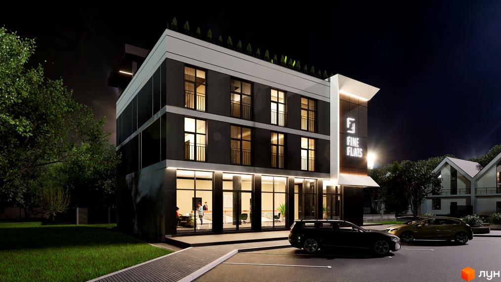 Будівельний проєкт Fine Flats з темними фасадами та великими вікнами, освітлений вночі. Перед будинком розташована парковка з автомобілями та зелена галявина.