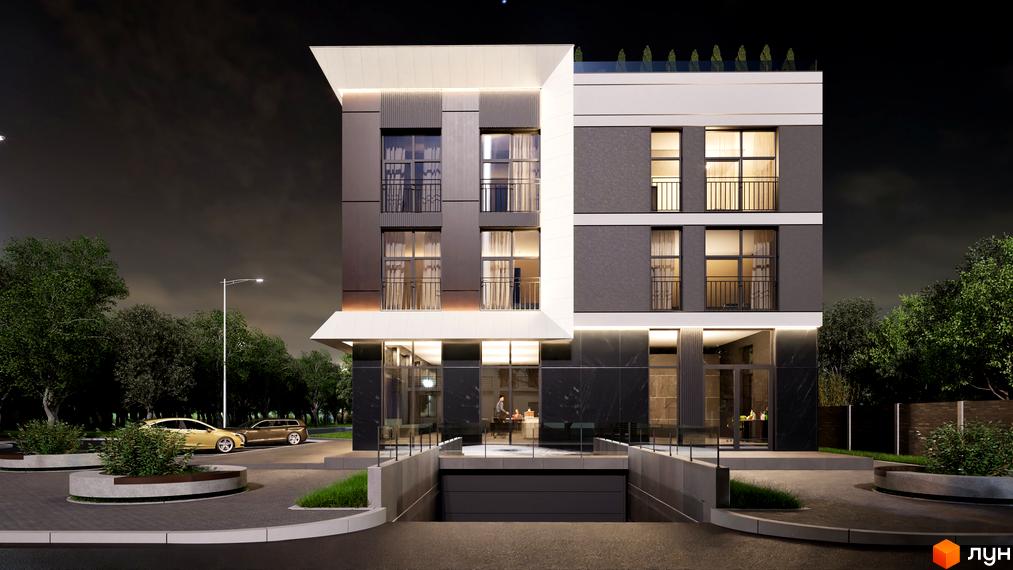 Житловий комплекс Fine Flats з фасадами з темних панелей та білими акцентами, з підземним паркінгом та зеленими зонами навколо.