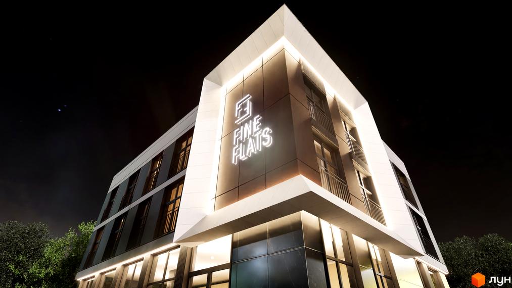 Новобудова Fine Flats з неоновою вивіскою вночі. Будинок має геометричні форми, багато вікон та балконів, освітлений фасадами. Навколо зелені дерева.