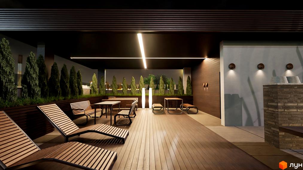 Тераса з шезлонгами та зонами відпочинку ЖК Fine Flats. Сучасний дизайн та комфорт для мешканців.