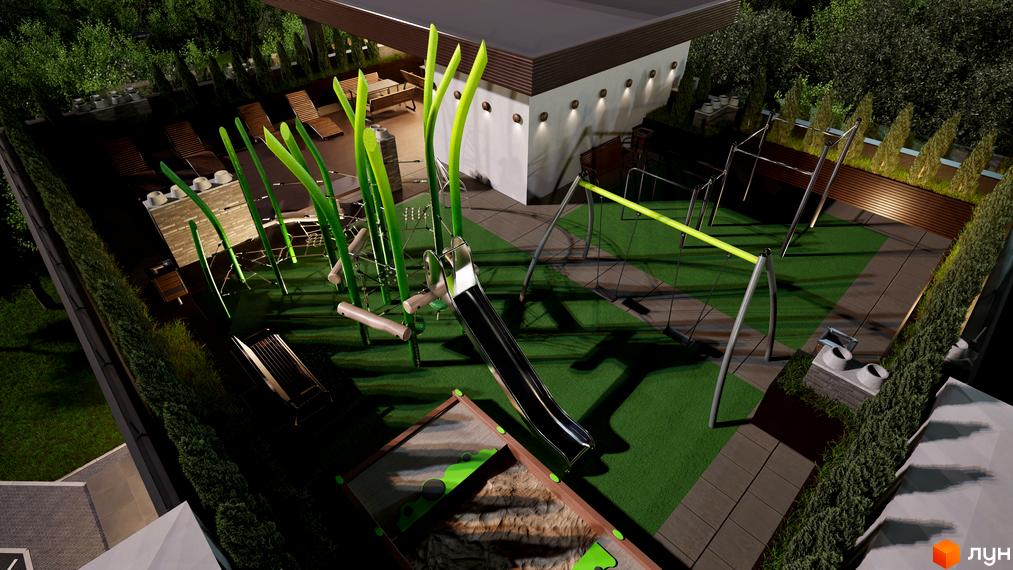 Житловий комплекс Fine Flats: дитячий майданчик з гіркою, гойдалками та пісочницею на даху будівлі. Територія оточена зеленню та має зони для відпочинку.