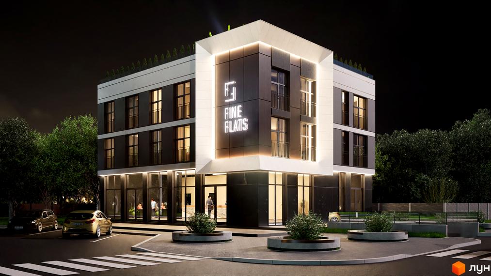 Комплекс Fine Flats з підсвіченою вивіскою та паркуванням. Навколо будівлі розташовані дерева та клумби.