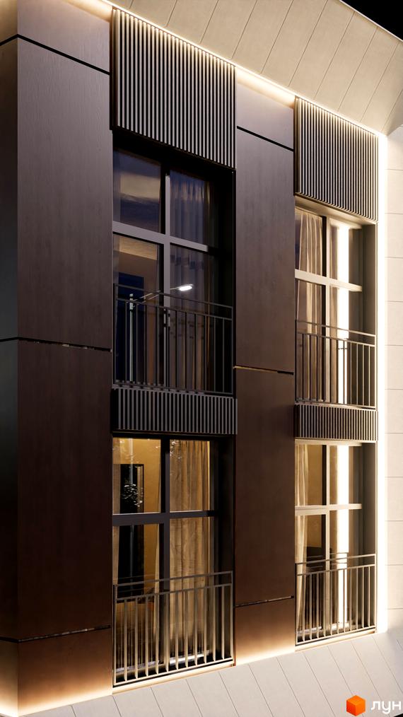 Фасад новобудови ЖК Fine Flats з великими вікнами та балконами. Зовнішній вигляд будівлі з підсвічуванням.