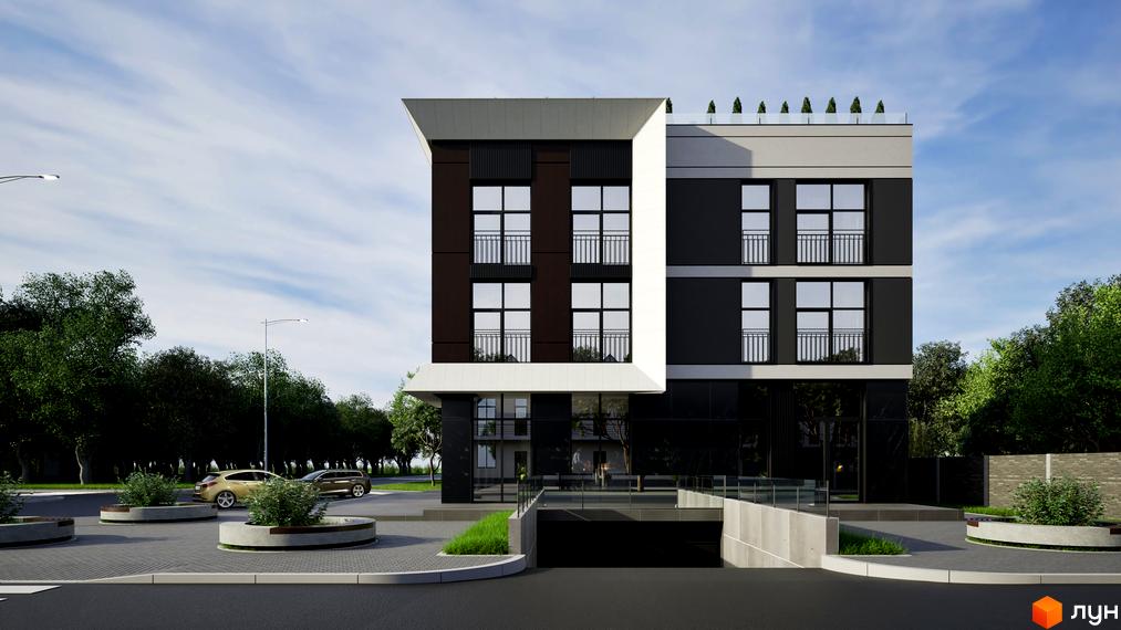 Будинок житлового комплексу Fine Flats з темним фасадом та великими вікнами, розташований біля доглянутої прибудинкової території з деревами та парковкою.