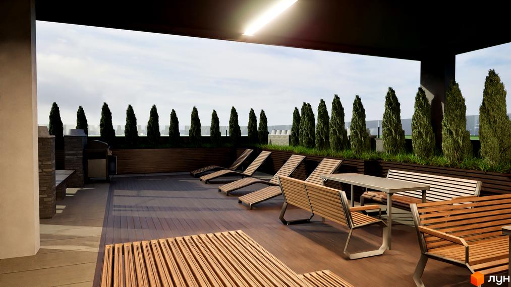 Тераса з шезлонгами та зонами відпочинку в ЖК Fine Flats. Відкритий простір з дерев'яним настилом та озелененням.