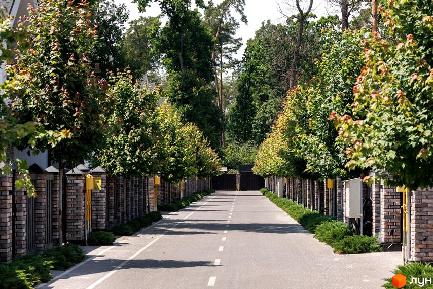 Котеджне містечко Park Residence 3. Асфальтована дорога з деревами з обох боків, що веде до воріт. Цегляні паркани та зелені насадження вздовж дороги.