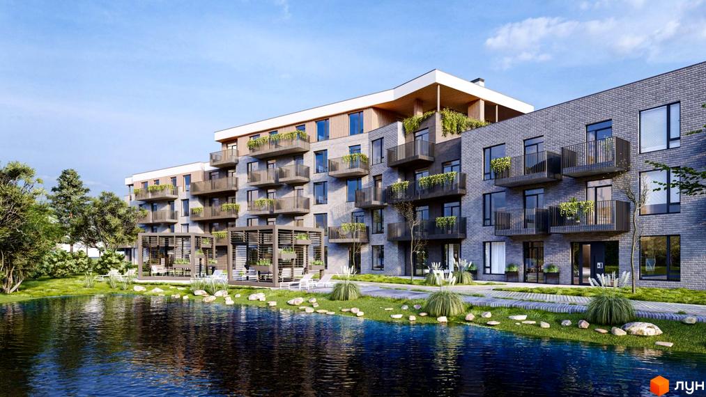 Житловий комплекс Статус Парк з сірої цегли з балконами та зеленню, що виходить до водойми з доглянутою прибудинковою територією та альтанками.