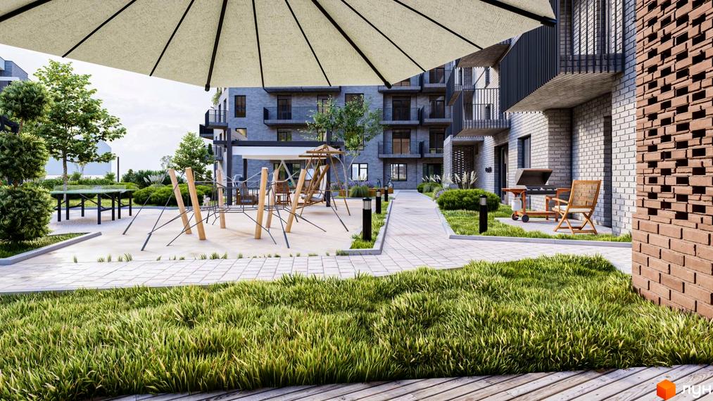 Житловий комплекс Статус Парк з сірою цегляною будівлею та балконами. На прибудинковій території дитячий майданчик, зона барбекю та зелений газон.