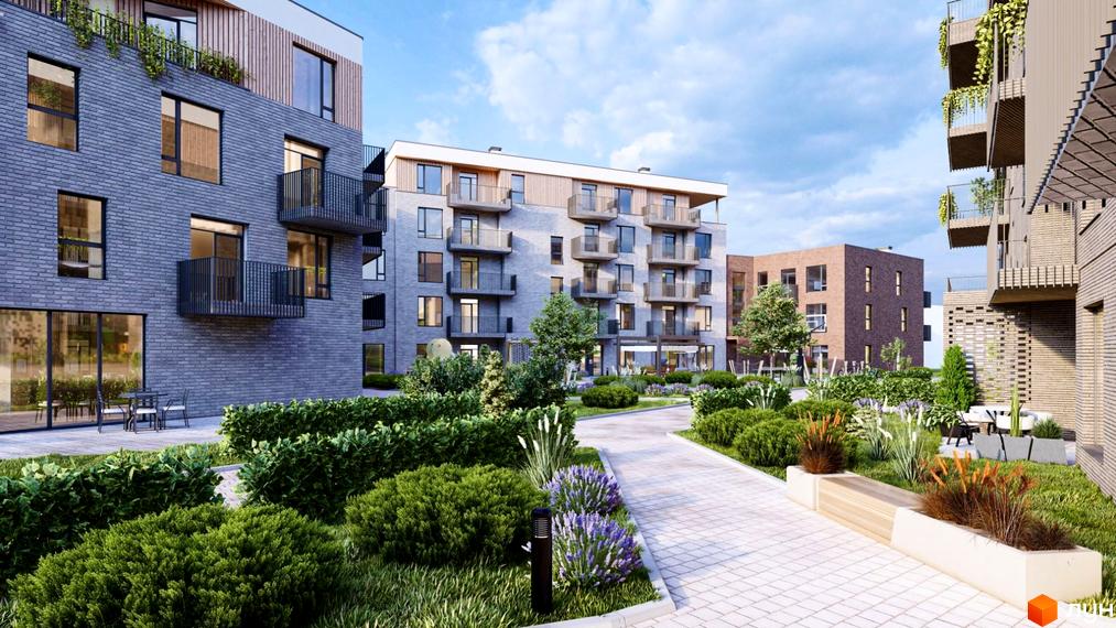 Житловий комплекс Статус Парк з сірої цегли з балконами та зеленим подвір'ям. Сучасний житловий комплекс з доглянутою територією та зонами відпочинку.