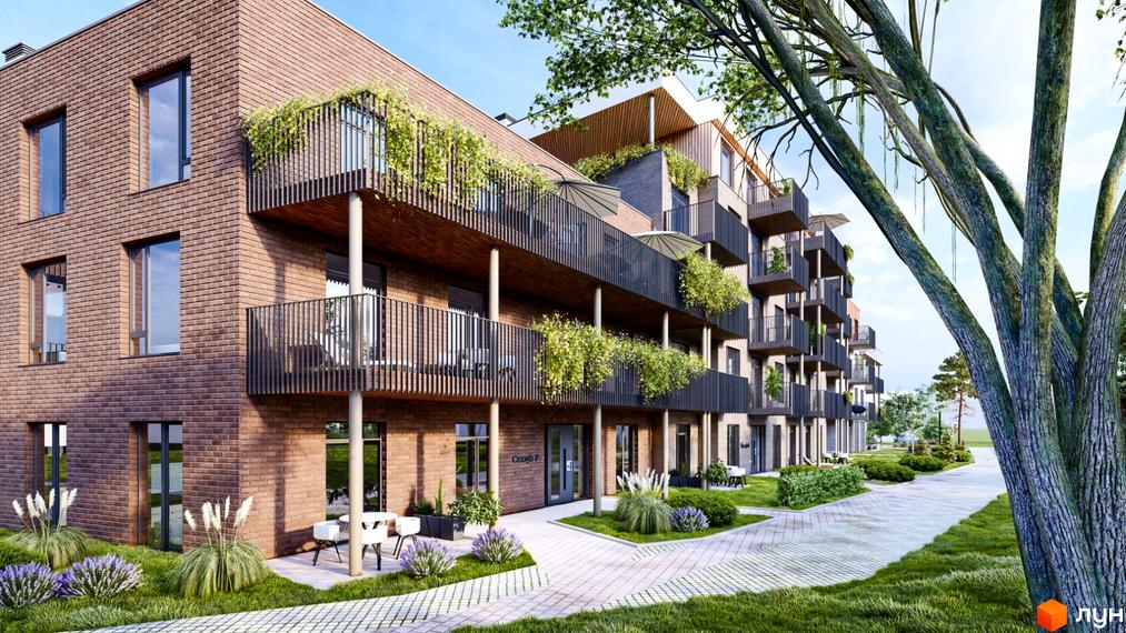 Житловий комплекс Статус Парк: цегляний будинок з балконами, засадженими зеленню, та доглянутою прибудинковою територією з ландшафтним дизайном.