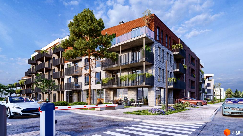 Житловий комплекс Статус Парк з цегляним фасадом та балконами. На прибудинковій території розташовані автомобілі та шлагбаум.