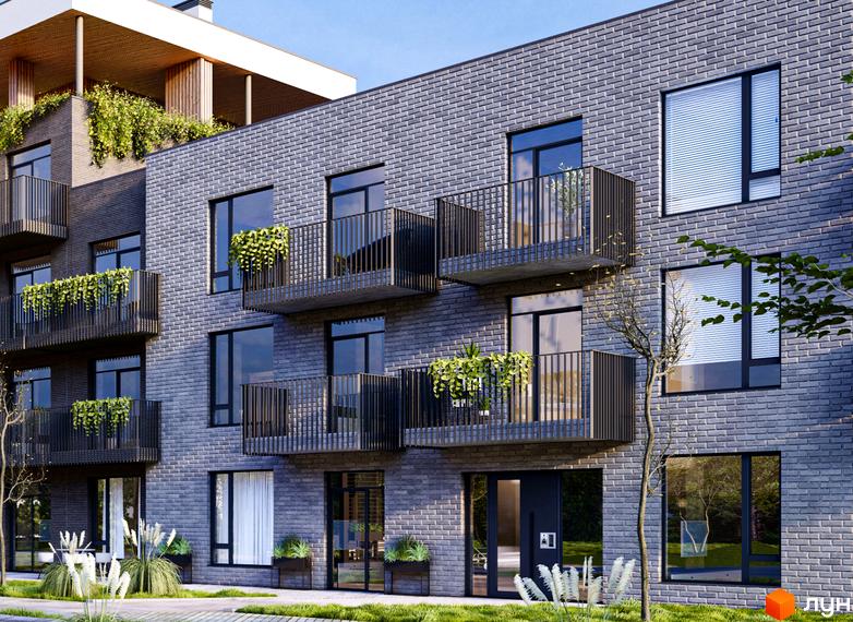 Житловий комплекс Статус Парк. Зовнішній вигляд будинку з цегляним фасадом, балконами та великими вікнами. Прибудинкова територія з зеленими насадженнями та доріжками.