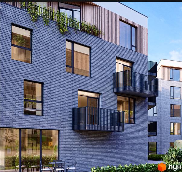 Житловий комплекс Статус Парк: фасади з сірої цегли, дерев'яні елементи та балкони. Прибудинкова територія з зеленню та місцями для відпочинку.