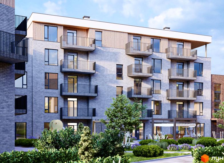 Житловий комплекс Статус Парк з сірою цегляною фасадною системою, балконами та дерев'яними елементами. Навколо будинку зелені насадження та зони відпочинку.