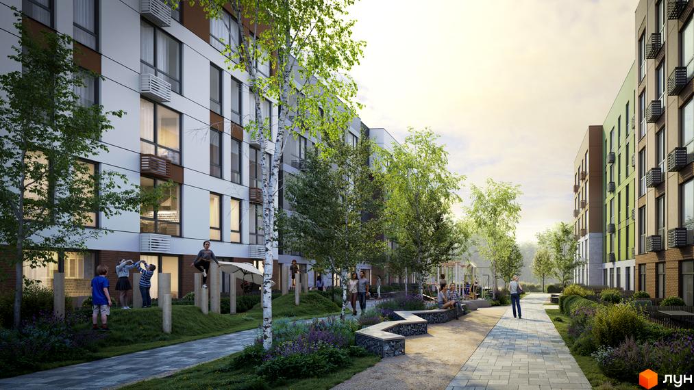 Житловий комплекс SOFIhome з фасадами білого, коричневого та зеленого кольорів. На прибудинковій території розташовані дитячий майданчик, зони відпочинку з лавками та зелені насадження.