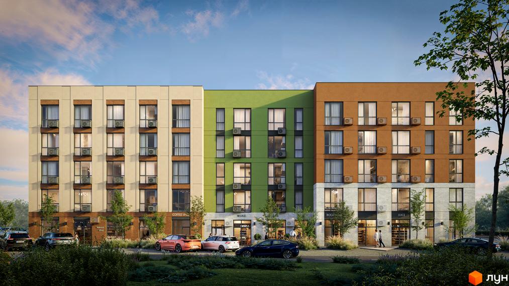 Зовнішній вигляд новобудови SOFIhome з фасадами різних кольорів та вікнами. Прибудинкова територія з деревами та припаркованими автомобілями.