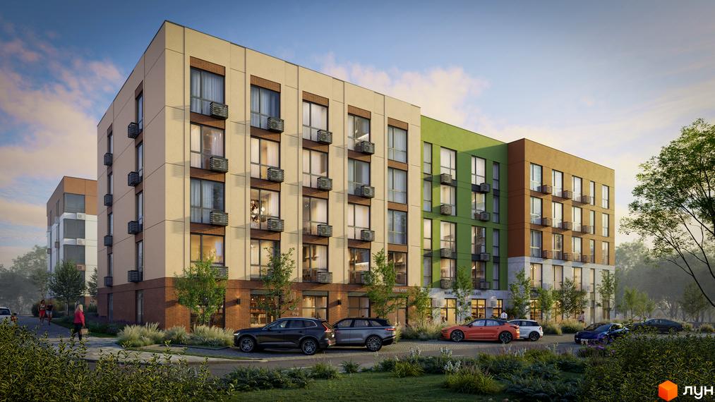 Житловий комплекс SOFIhome з фасадами бежевого, зеленого та коричневого кольорів. Навколо новобудови розташована прибудинкова територія з деревами та припаркованими автомобілями.