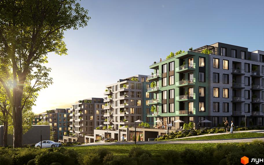 Житловий комплекс DREAM HILLS з багатоповерховими будинками, балконами та зеленими дахами. Навколо доглянута територія з деревами та газоном.