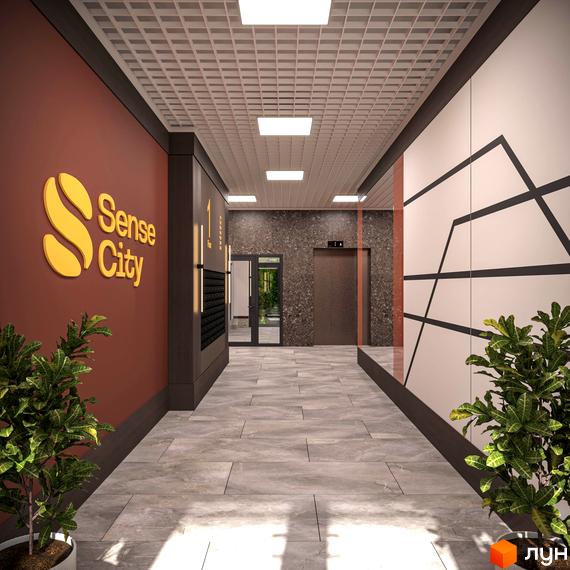 Лобі житлового комплексу Sense City з елегантним дизайном та сучасними зручностями. Вхідна група з поштовими скриньками та ліфтом.