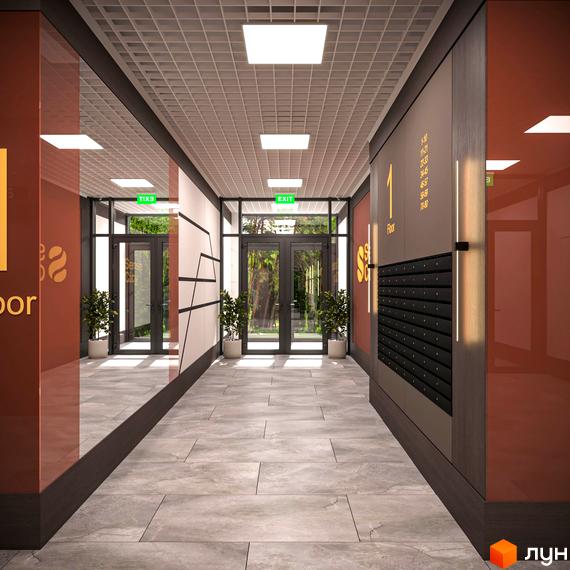 Комплекс Sense City: сучасний дизайн входу з поштовими скриньками та виходом до зеленої зони. Стильні двері та підлогове покриття створюють приємну атмосферу.