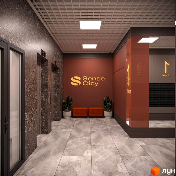 Лобі житлового комплексу Sense City з елегантним дизайном, мармуровою підлогою та дверима ліфтів. На стіні логотип Sense City та два помаранчевих сидіння.