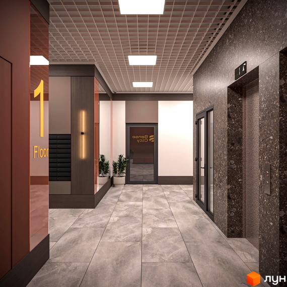 Інтер'єр першого поверху новобудови ЖК Sense City з ліфтами та дверима. Великі плити на підлозі та оздоблення стін темним мармуром.