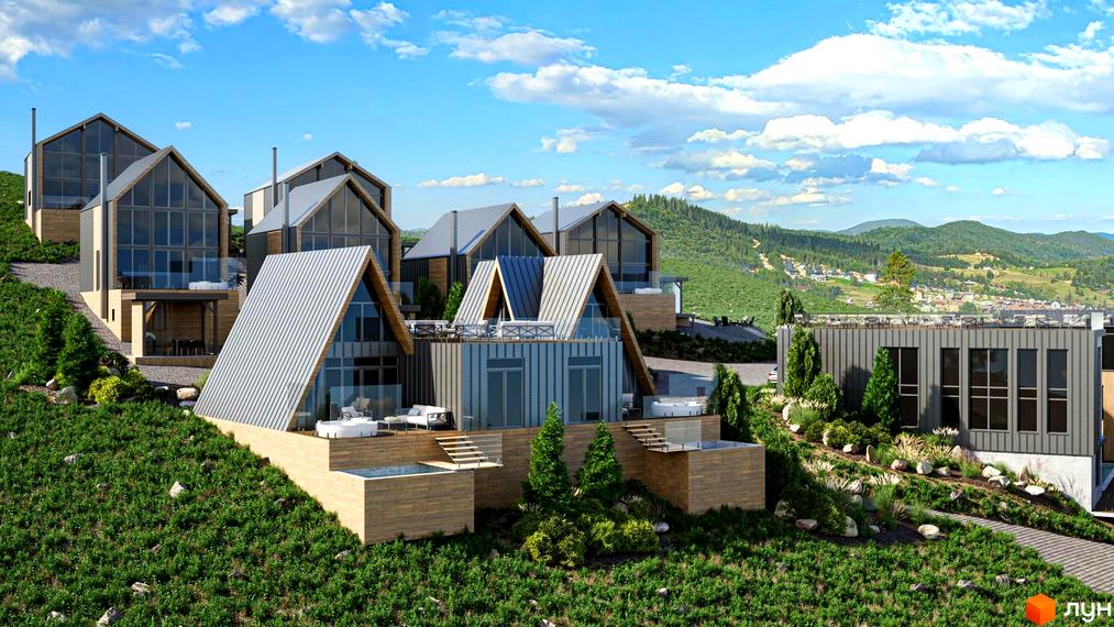 Котеджне містечко КМ Mair – це сучасні будинки з панорамними вікнами та терасами на схилі гори. Навколо будинків розташована зелена зона з ландшафтним дизайном.