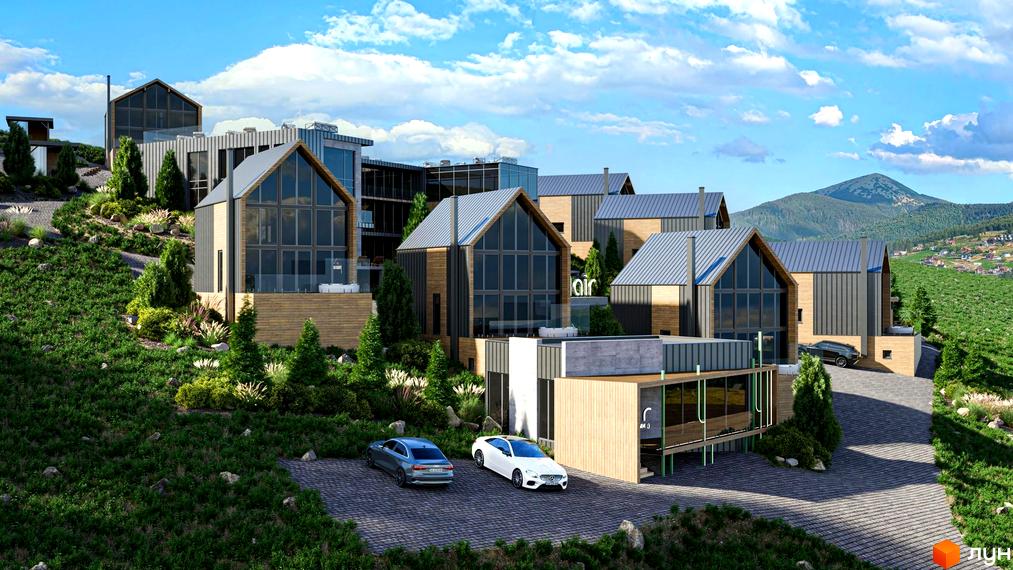 Котеджне містечко Mair: сучасні будинки з панорамними вікнами та дерев'яним оздобленням на тлі гір. Прибудинкова територія з озелененням та парковкою.