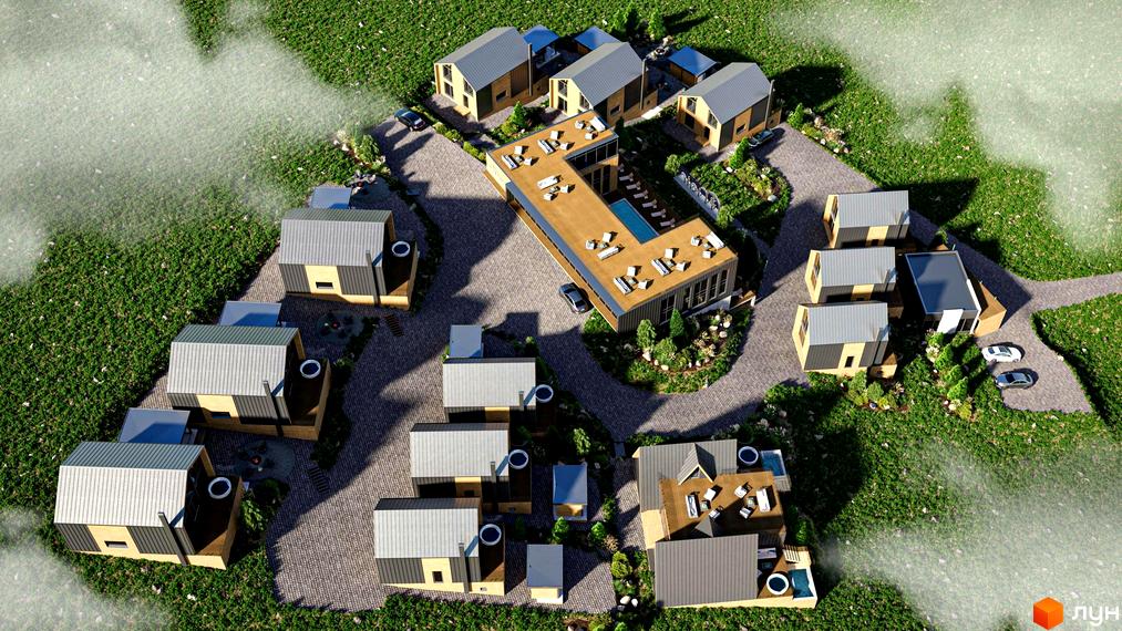 КМ Mair: котеджне містечко з сучасними будинками та басейном. На території розташовані зелені зони та паркінг.