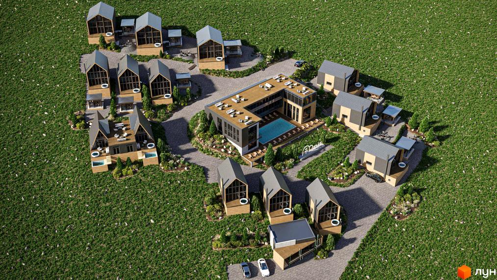 Котеджне містечко Mair з сучасними будинками та басейном. Територія комплексу оточена зеленню та має доглянуті доріжки.