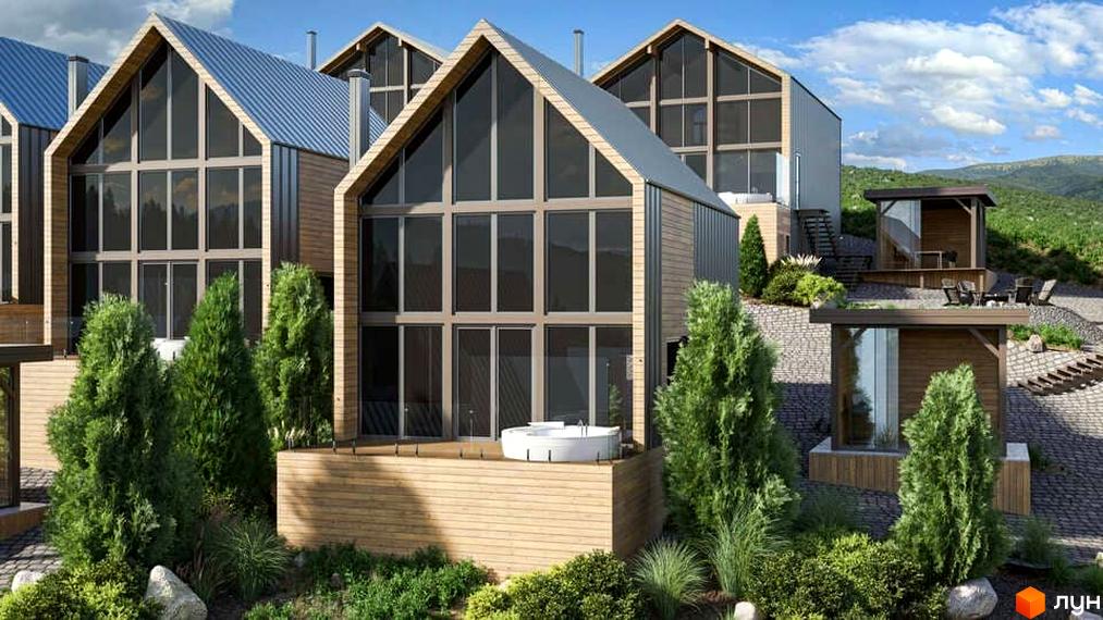 Котеджне містечко КМ Mair з великими панорамними вікнами та дерев'яними фасадами. На прибудинковій території розташовані зелені насадження та зони відпочинку.