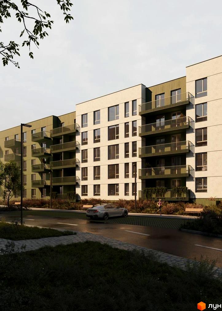 Житловий комплекс Смарагд. Зовнішній вигляд новобудови з балконами та вікнами. Прибудинкова територія з дорогою, деревами та лавками.