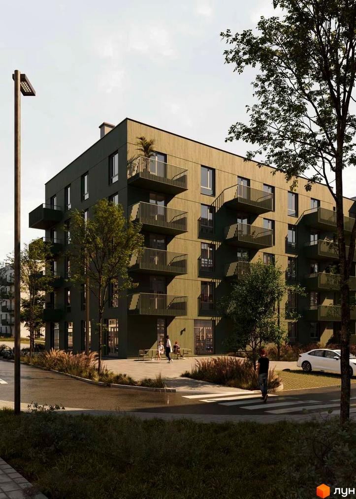 Житловий комплекс Смарагд. Сучасна багатоповерхова будівля з балконами та прибудинковою територією з деревами та пішохідним переходом.