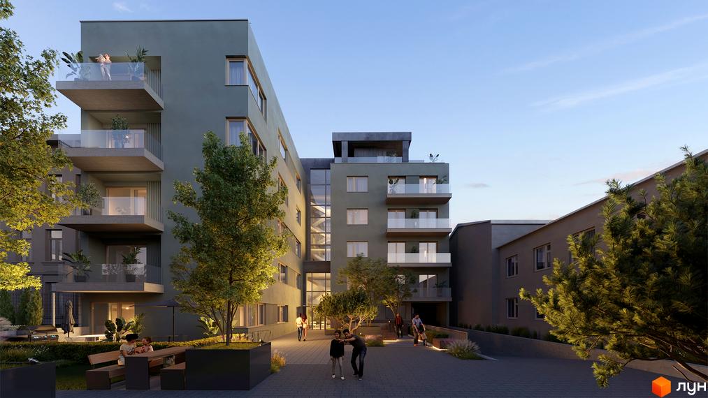 Житловий комплекс PREMIUM HILLS з балконами та зеленим подвір'ям. На зображенні видно сучасну архітектуру будинку та зону відпочинку з лавками та деревами.