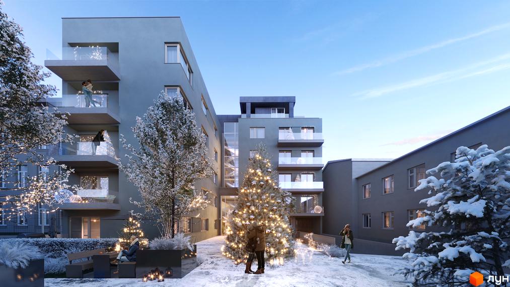 Житловий комплекс PREMIUM HILLS у зимовому дворі з ялинками та людьми на балконах. Сучасна архітектура будівель та святкове оздоблення території.