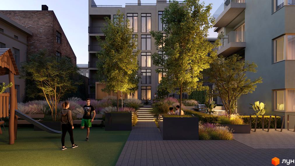 Житловий комплекс PREMIUM HILLS з фасадами з цегли та бетону. На прибудинковій території облаштований дитячий майданчик, зони відпочинку та зелені насадження.