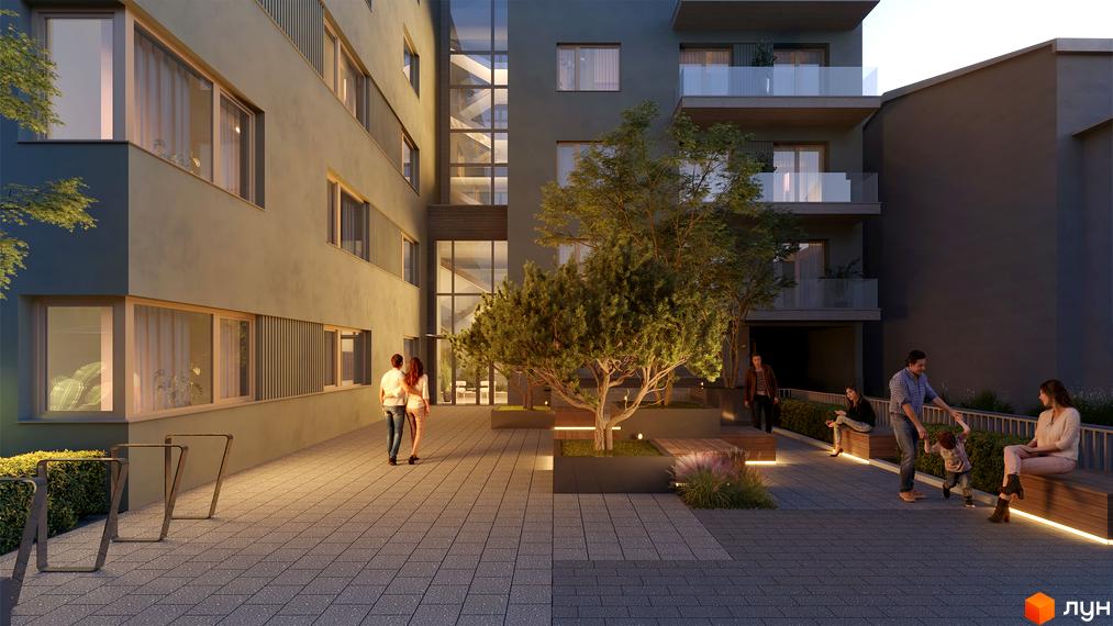 Житловий комплекс PREMIUM HILLS з сучасним фасадом та затишною прибудинковою територією, де розташовані зони відпочинку та дерева.